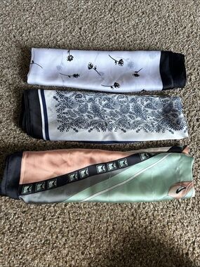 Set of 3 Printed Silk-Look Scarves — White, Navy & Pastel Green-Peach